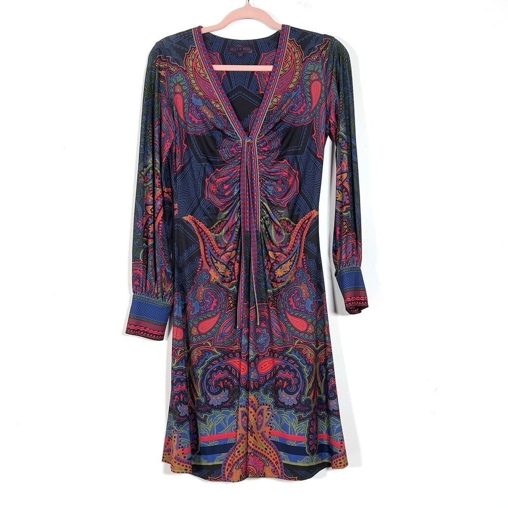 Hale Bob V-Neck Stretch Midi Dress Womens Sz S Purple Paisley Long Sleeve